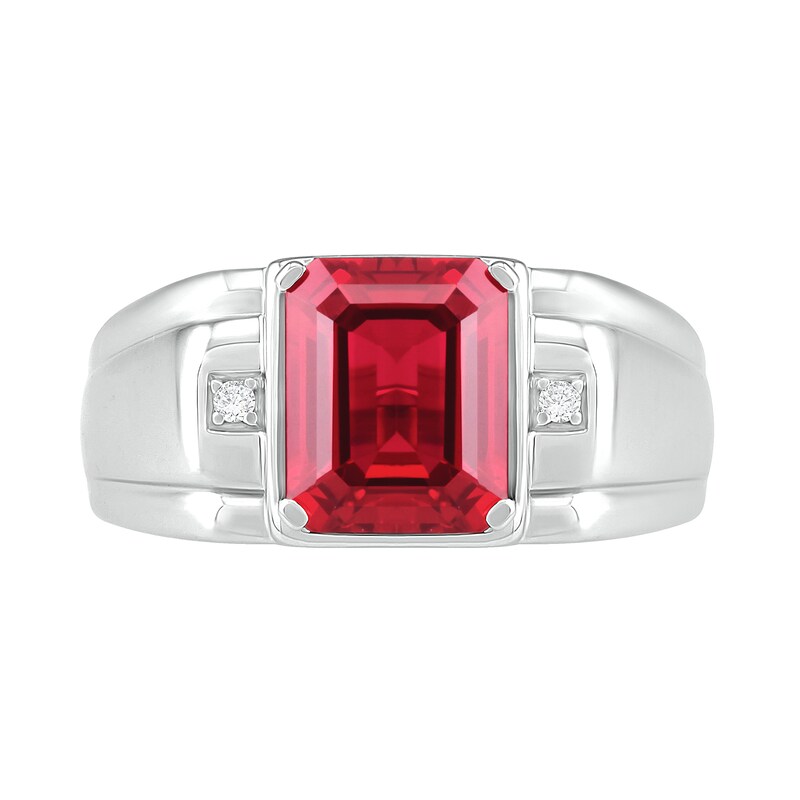 Main Image 2 of Men's Emerald-Cut Lab-Created Ruby and Diamond Accent Collar Stepped Edge Ring in Sterling Silver