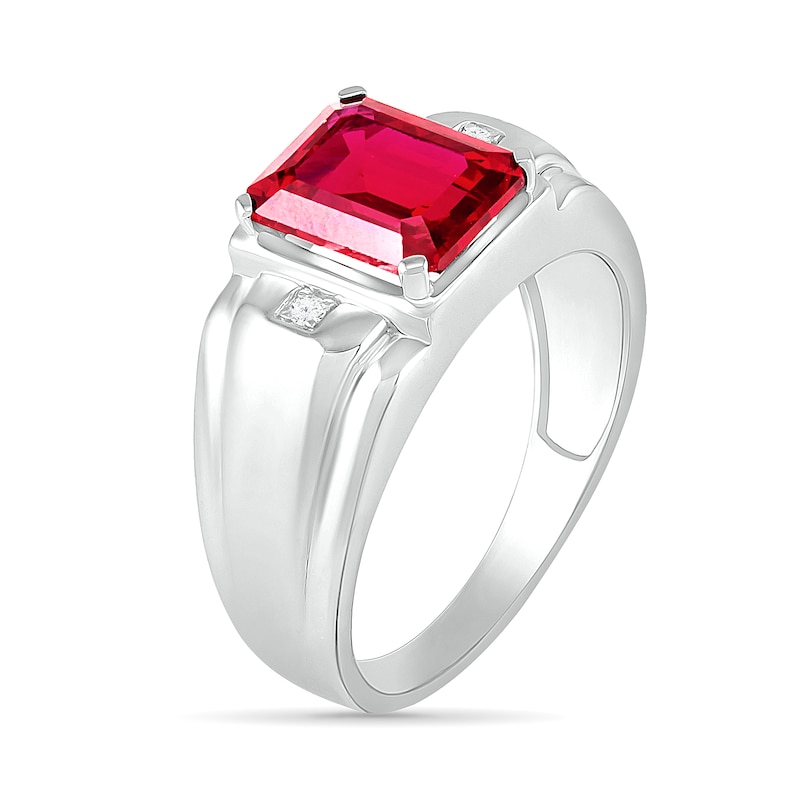 Main Image 3 of Men's Emerald-Cut Lab-Created Ruby and Diamond Accent Collar Stepped Edge Ring in Sterling Silver