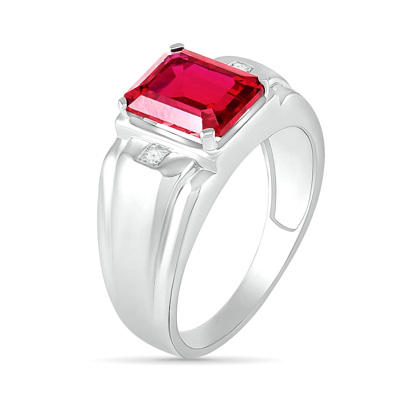 Men's Emerald-Cut Lab-Created Ruby and Diamond Accent Collar Stepped Edge Ring in Sterling Silver|Peoples Jewellers