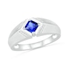 Thumbnail Image 1 of Men's Square-Cut Blue Lab-Created Sapphire and 0.04 CT. T.W. Diamond Chevron Collar Knife Edge Ring in Sterling Silver