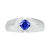 Thumbnail Image 2 of Men's Square-Cut Blue Lab-Created Sapphire and 0.04 CT. T.W. Diamond Chevron Collar Knife Edge Ring in Sterling Silver