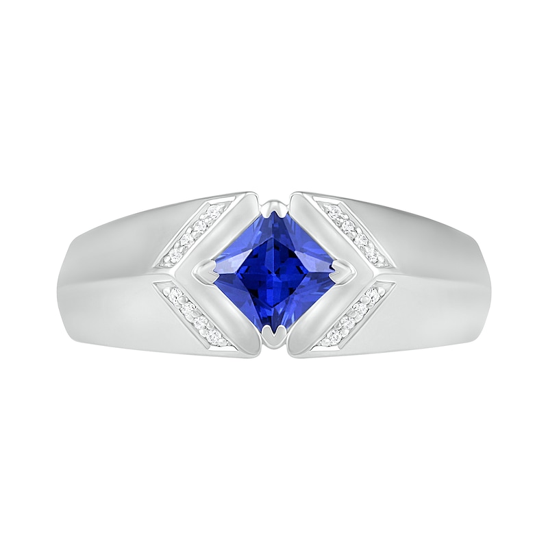 Main Image 2 of Men's Square-Cut Blue Lab-Created Sapphire and 0.04 CT. T.W. Diamond Chevron Collar Knife Edge Ring in Sterling Silver