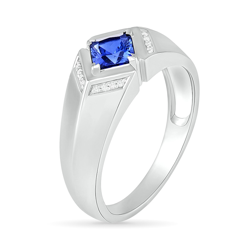 Main Image 3 of Men's Square-Cut Blue Lab-Created Sapphire and 0.04 CT. T.W. Diamond Chevron Collar Knife Edge Ring in Sterling Silver