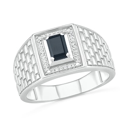 Emerald-Cut Black Lab-Created Spinel and 0.066 CT. T.W. Diamond Frame Brick Pattern Ring in Sterling Silver