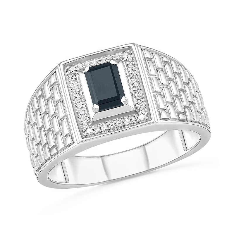 Main Image 1 of Men's Emerald-Cut Black Lab-Created Spinel and 0.066 CT. T.W. Diamond Frame Brick Pattern Ring in Sterling Silver
