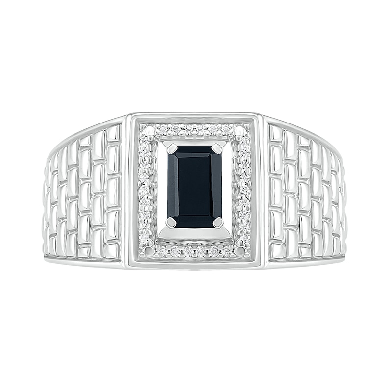 Main Image 2 of Men's Emerald-Cut Black Lab-Created Spinel and 0.066 CT. T.W. Diamond Frame Brick Pattern Ring in Sterling Silver
