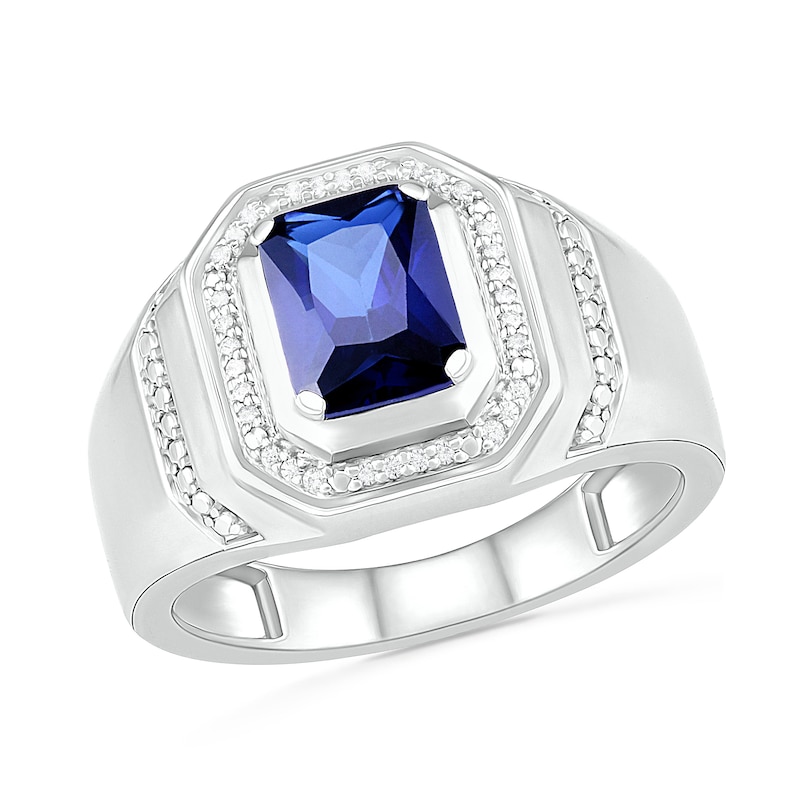 Men's Emerald-Cut Blue Lab-Created Sapphire and 0.086 CT. T.W. Diamond Octagonal Frame Collar Ring in Sterling Silver|Peoples Jewellers