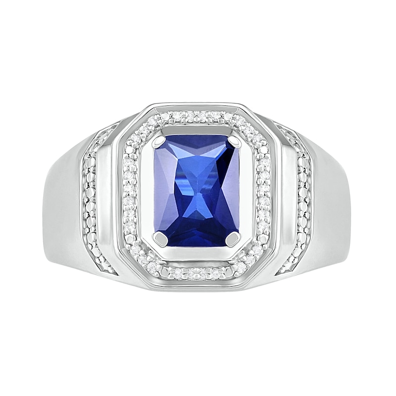 Main Image 2 of Men's Emerald-Cut Blue Lab-Created Sapphire and 0.086 CT. T.W. Diamond Octagonal Frame Collar Ring in Sterling Silver