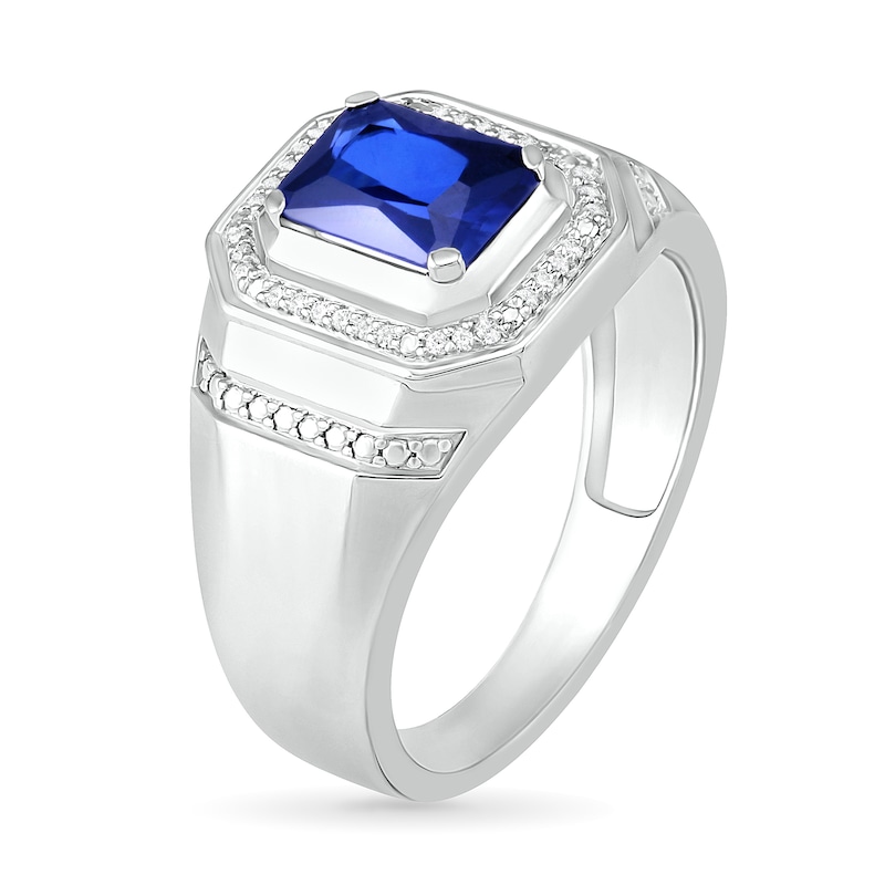 Main Image 3 of Men's Emerald-Cut Blue Lab-Created Sapphire and 0.086 CT. T.W. Diamond Octagonal Frame Collar Ring in Sterling Silver