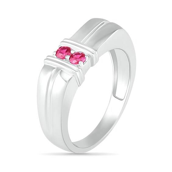 Men's 3.0mm Lab-Created Ruby Duo Collar Double Row Ring in Sterling Silver
