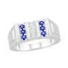 Thumbnail Image 1 of Men's Blue Lab-Created Sapphire and Diamond Accent Vertical Triple Row Art Deco Ring in Sterling Silver