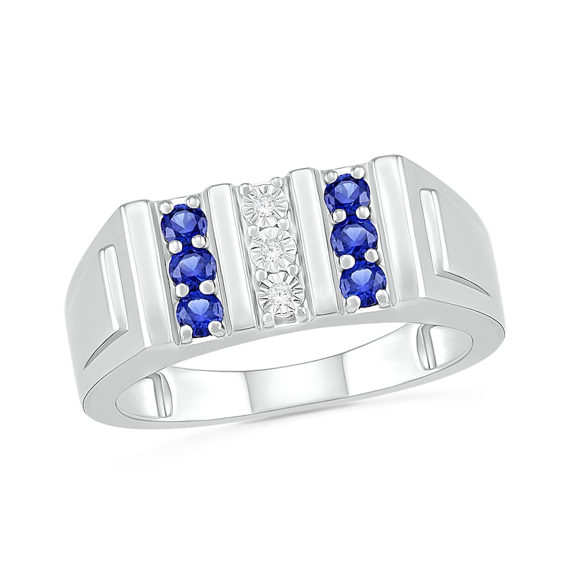 Main Image 1 of Men's Blue Lab-Created Sapphire and Diamond Accent Vertical Triple Row Art Deco Ring in Sterling Silver