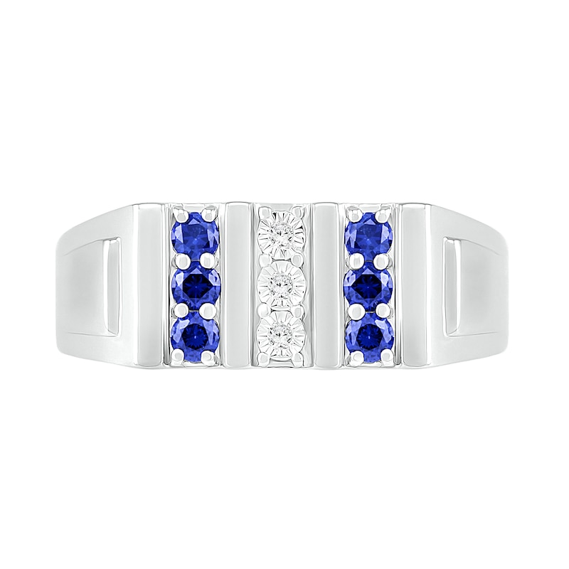 Main Image 2 of Men's Blue Lab-Created Sapphire and Diamond Accent Vertical Triple Row Art Deco Ring in Sterling Silver