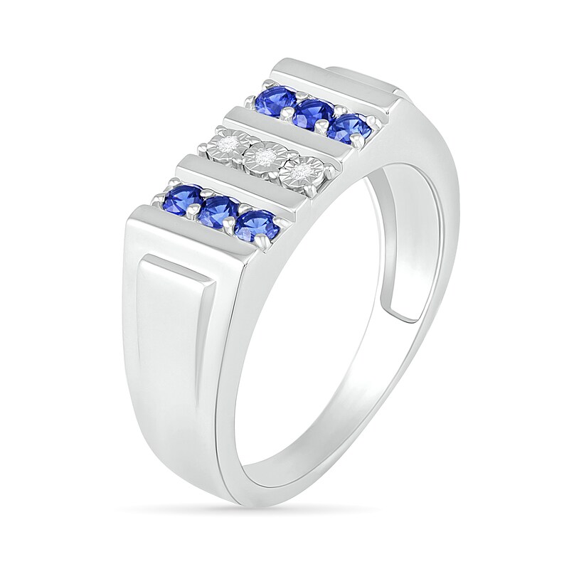 Main Image 3 of Men's Blue Lab-Created Sapphire and Diamond Accent Vertical Triple Row Art Deco Ring in Sterling Silver