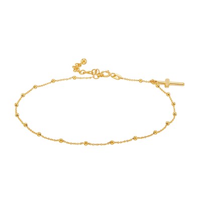 Diamond-Cut Bead Station with Cross Charm Anklet in 10K Gold - 10"