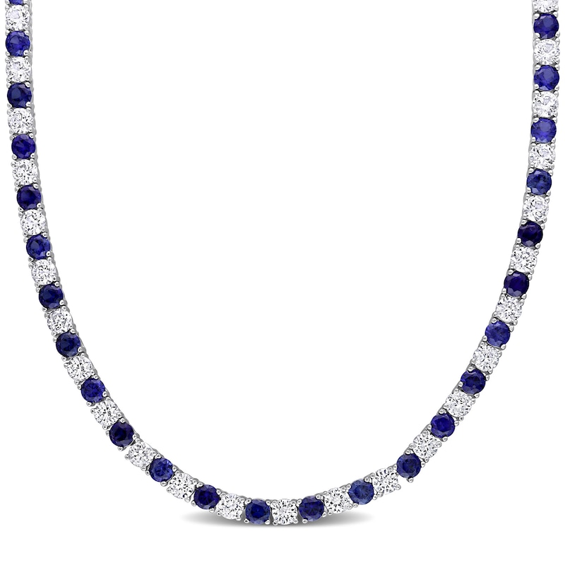 4.0mm Lab-Created Blue and White Sapphire Alternating Tennis Necklace in Sterling Silver - 17"|Peoples Jewellers