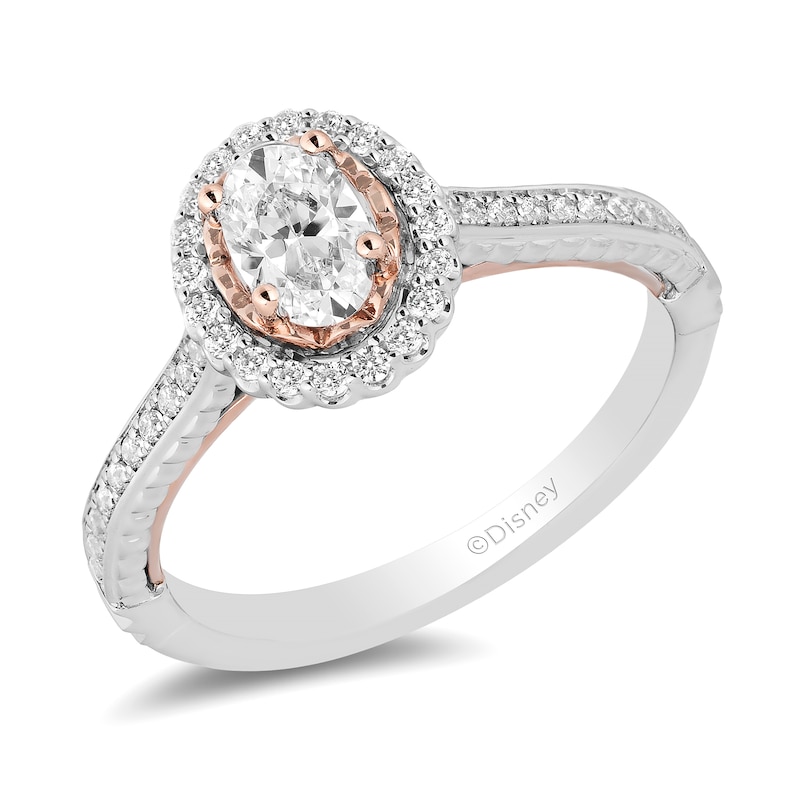 Main Image 1 of Enchanted Disney Rapunzel 0.69 CT. T.W. Oval Diamond Frame Engagement Ring in 14K Two-Tone Gold