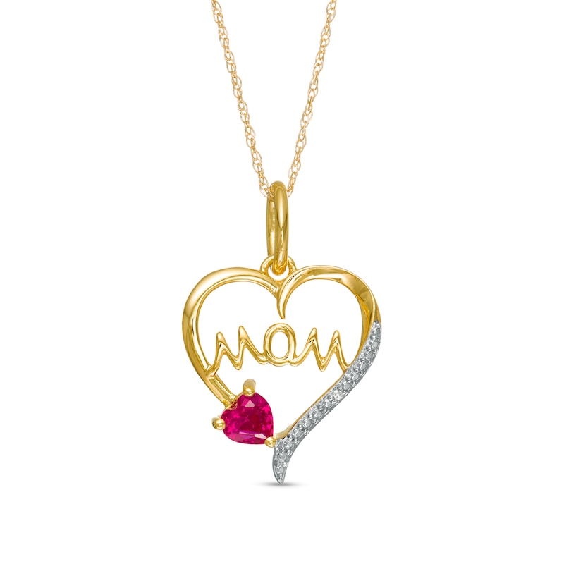 Main Image 1 of 4.0mm Heart-Shaped Lab-Created Ruby and Diamond Accent "MOM" Heart Pendant in 10K Gold