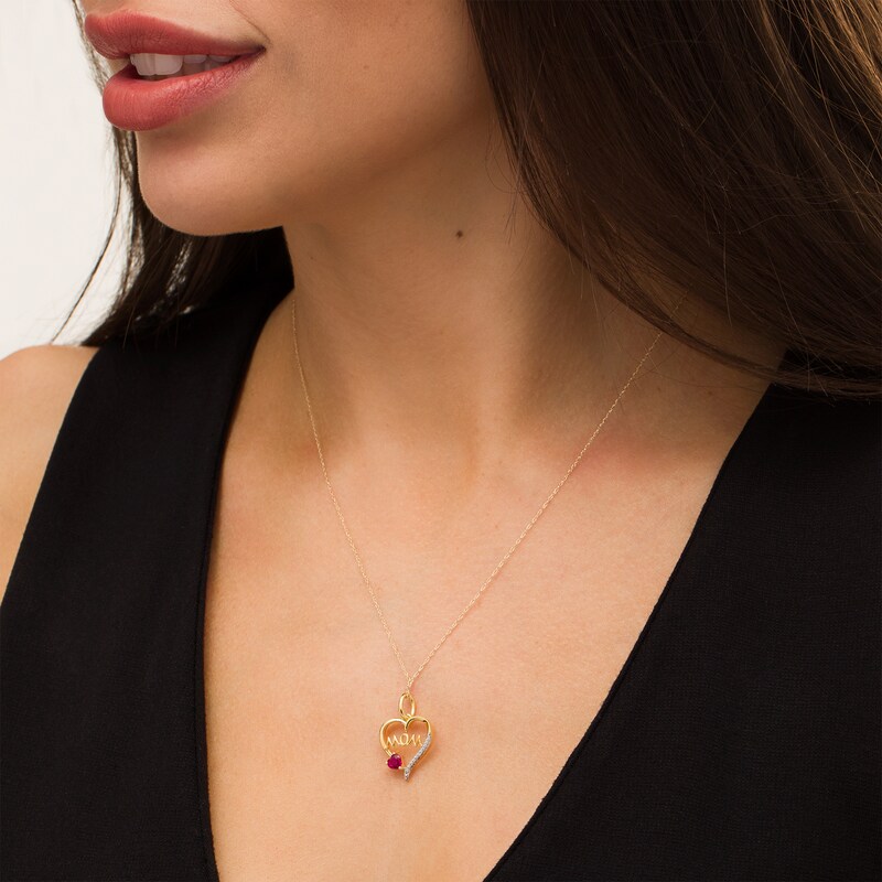 Main Image 2 of 4.0mm Heart-Shaped Lab-Created Ruby and Diamond Accent "MOM" Heart Pendant in 10K Gold