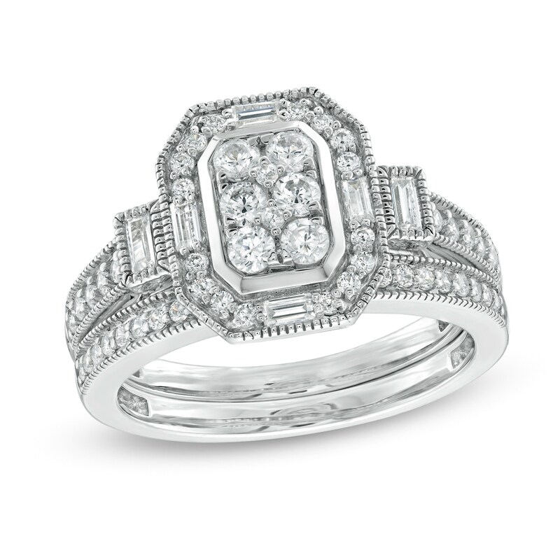 0.69 CT. T.W. Composite Diamond Elongated Octagonal Frame Vintage-Style Bridal Set in 10K Gold