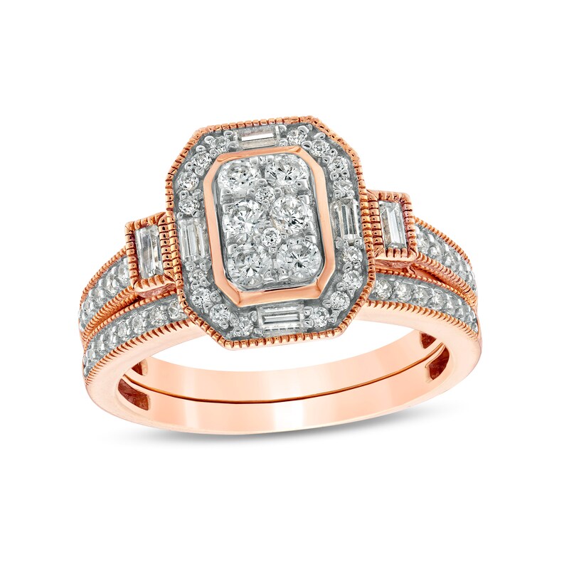 0.69 CT. T.W. Composite Diamond Elongated Octagonal Frame Vintage-Style Bridal Set in 10K Rose Gold