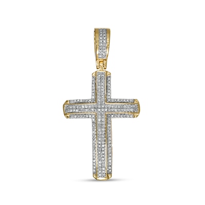 Men's 0.24 CT. T.W. Diamond Layered Stepped Edge Cross Necklace Charm in 10K Gold