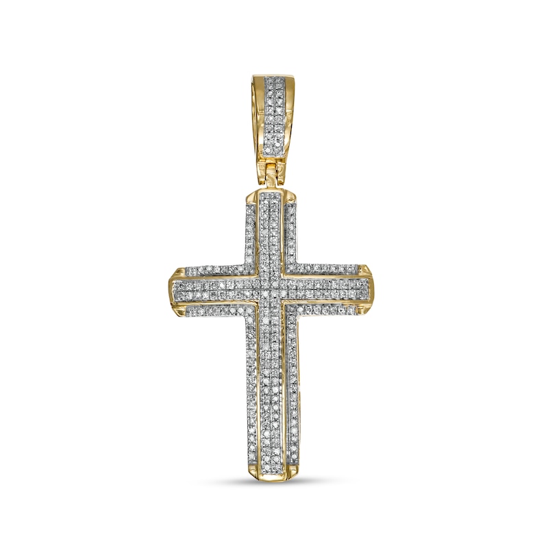 Men's 0.24 CT. T.W. Diamond Layered Stepped Edge Cross Necklace Charm in 10K Gold
