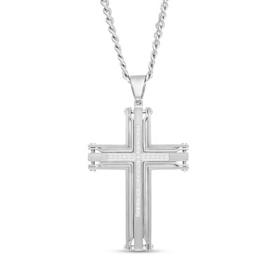 Men's 0.15 CT. T.W. Diamond Industrial Border Cross Pendant in Stainless Steel - 24"