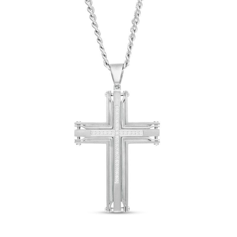 Men's 0.15 CT. T.W. Diamond Industrial Border Cross Pendant in Stainless Steel - 24"|Peoples Jewellers