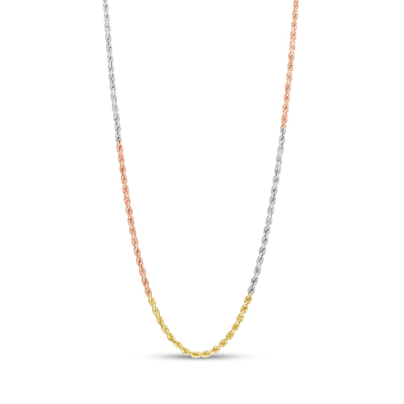 2.65mm Alternating Evergreen Rope Chain Necklace in Hollow 10K Tri-Tone Gold - 20"|Peoples Jewellers