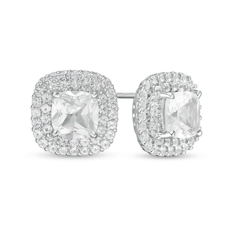 6.0mm Cushion-Cut Lab-Created White Sapphire Double Frame Stud Earrings in Sterling Silver