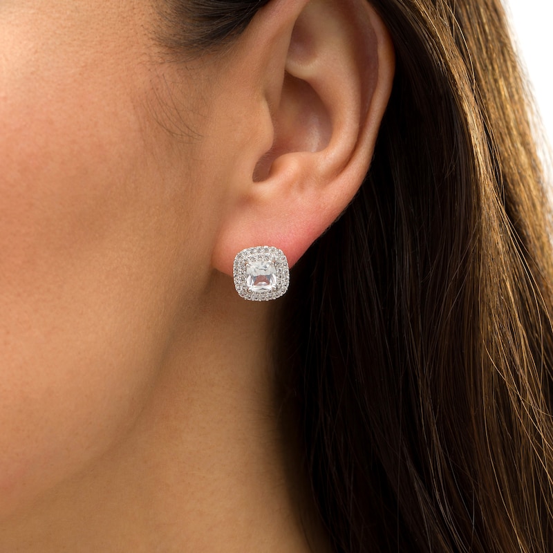 6.0mm Cushion-Cut Lab-Created White Sapphire Double Frame Stud Earrings in Sterling Silver