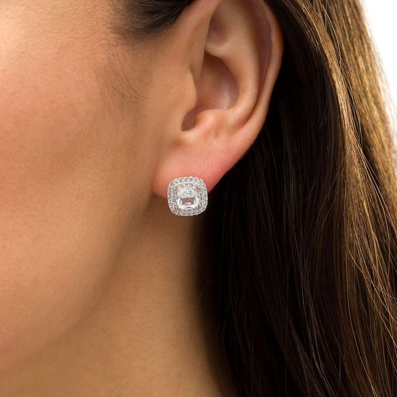 Main Image 2 of 6.0mm Cushion-Cut Lab-Created White Sapphire Double Frame Stud Earrings in Sterling Silver
