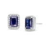 Thumbnail Image 1 of Emerald-Cut Lab-Created Blue and White Sapphire Octagonal Frame Stud Earrings in Sterling Silver