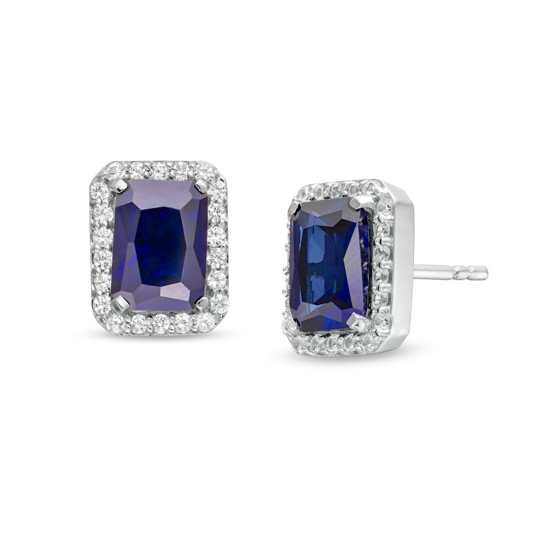 Emerald-Cut Lab-Created Blue and White Sapphire Octagonal Frame Stud Earrings in Sterling Silver