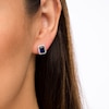 Thumbnail Image 2 of Emerald-Cut Lab-Created Blue and White Sapphire Octagonal Frame Stud Earrings in Sterling Silver