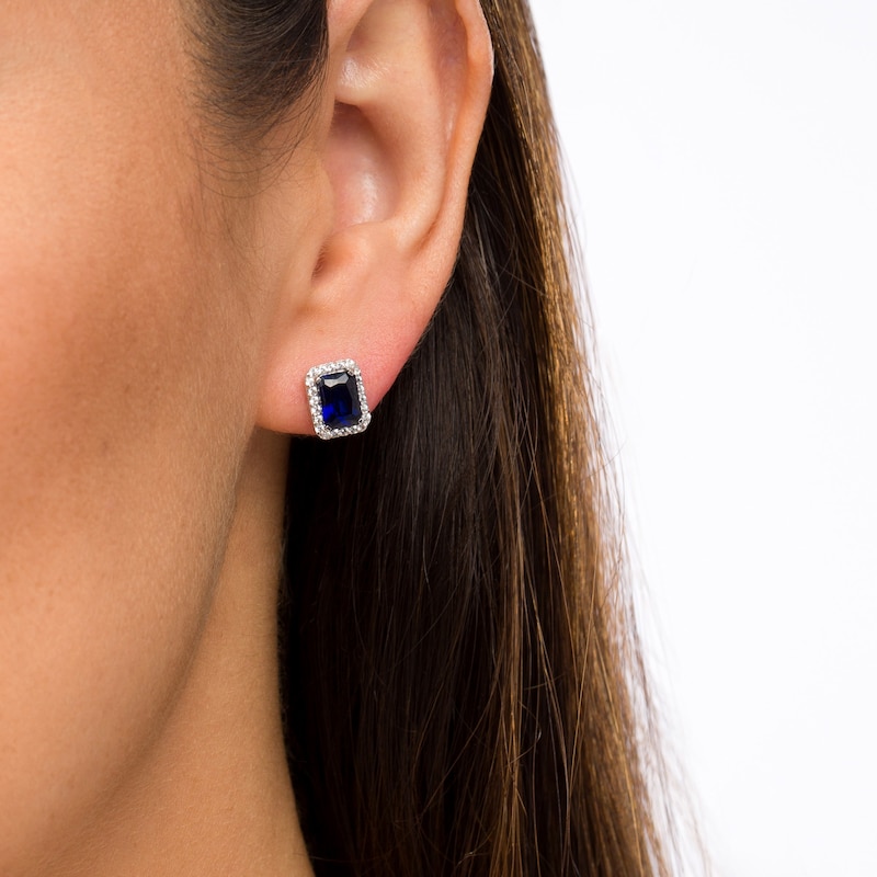 Main Image 2 of Emerald-Cut Lab-Created Blue and White Sapphire Octagonal Frame Stud Earrings in Sterling Silver