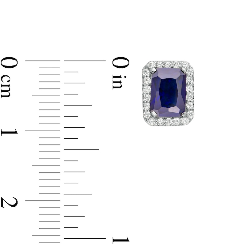 Main Image 3 of Emerald-Cut Lab-Created Blue and White Sapphire Octagonal Frame Stud Earrings in Sterling Silver