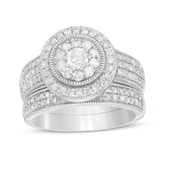 1.29 CT. T.W. Diamond Double Frame Vintage-Style Multi-Row Bridal Set in 10K Gold