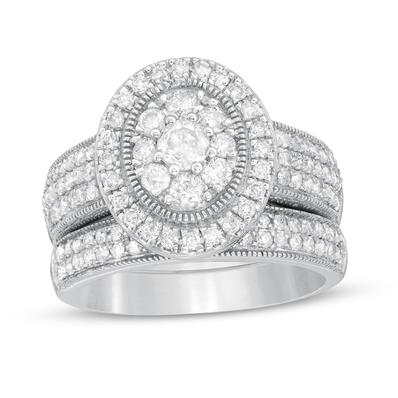 Main Image 1 of 1.29 CT. T.W. Composite Oval Diamond Frame Vintage-Style Multi-Row Bridal Set in 10K White Gold