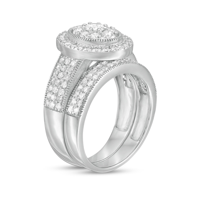 Main Image 3 of 1.29 CT. T.W. Composite Oval Diamond Frame Vintage-Style Multi-Row Bridal Set in 10K White Gold