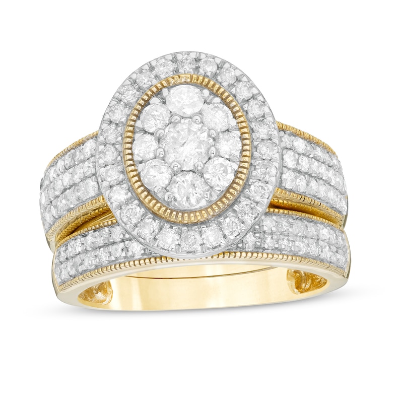 1.29 CT. T.W. Composite Oval Diamond Frame Vintage-Style Multi-Row Bridal Set in 10K Gold