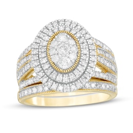 1.23 CT. T.W. Composite Oval Diamond Double Frame Vintage-Style Multi-Row Bridal Set in 10K Gold