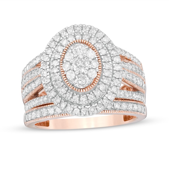 1.23 CT. T.W. Composite Oval Diamond Double Frame Vintage-Style Multi-Row Bridal Set in 10K Rose Gold