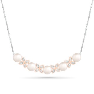 Freshwater Cultured Pearl and White Lab-Created Sapphire Flower Curved Bar Necklace in Sterling Silver and 10K Rose Gold