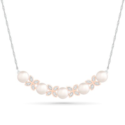 Freshwater Cultured Pearl and White Lab-Created Sapphire Flower Curved Bar Necklace in Sterling Silver and 10K Rose Gold