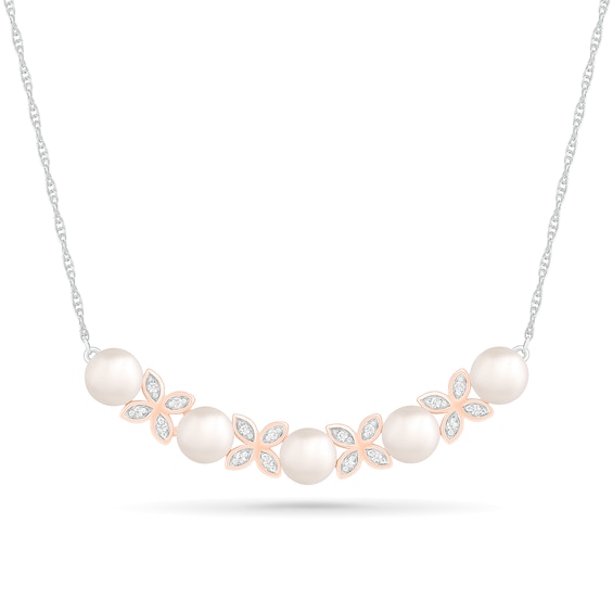 Freshwater Cultured Pearl and White Lab-Created Sapphire Flower Curved Bar Necklace in Sterling Silver and 10K Rose Gold