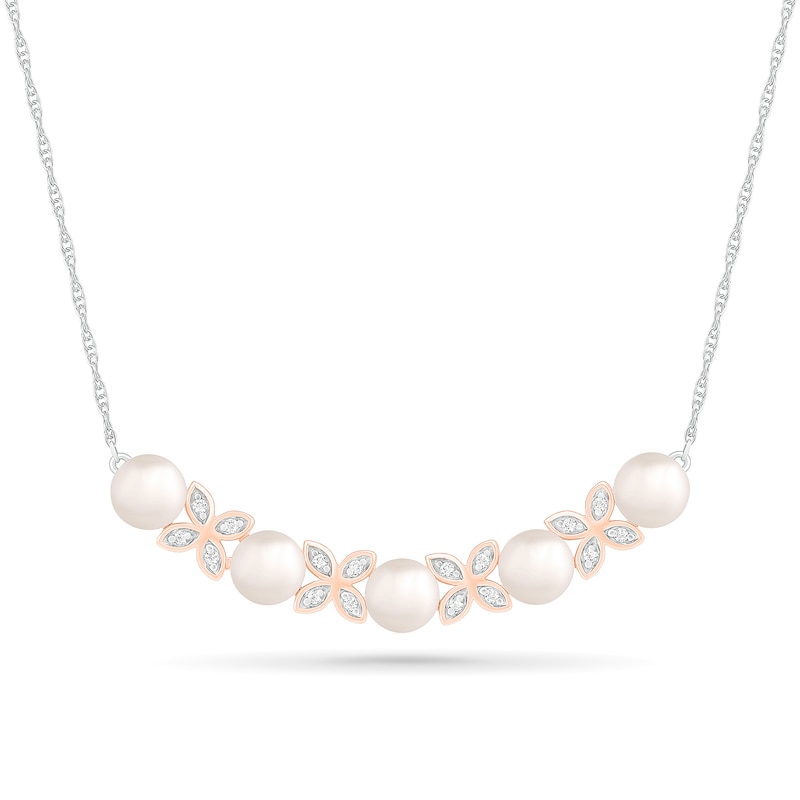 Freshwater Cultured Pearl and White Lab-Created Sapphire Flower Curved Bar Necklace in Sterling Silver and 10K Rose Gold