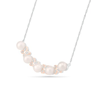 Freshwater Cultured Pearl and White Lab-Created Sapphire Flower Curved Bar Necklace in Sterling Silver and 10K Rose Gold