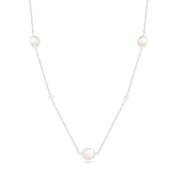 5.0-6.0mm Freshwater Cultured Pearl and White Lab-Created Sapphire Alternating Station Necklace in Sterling Silver